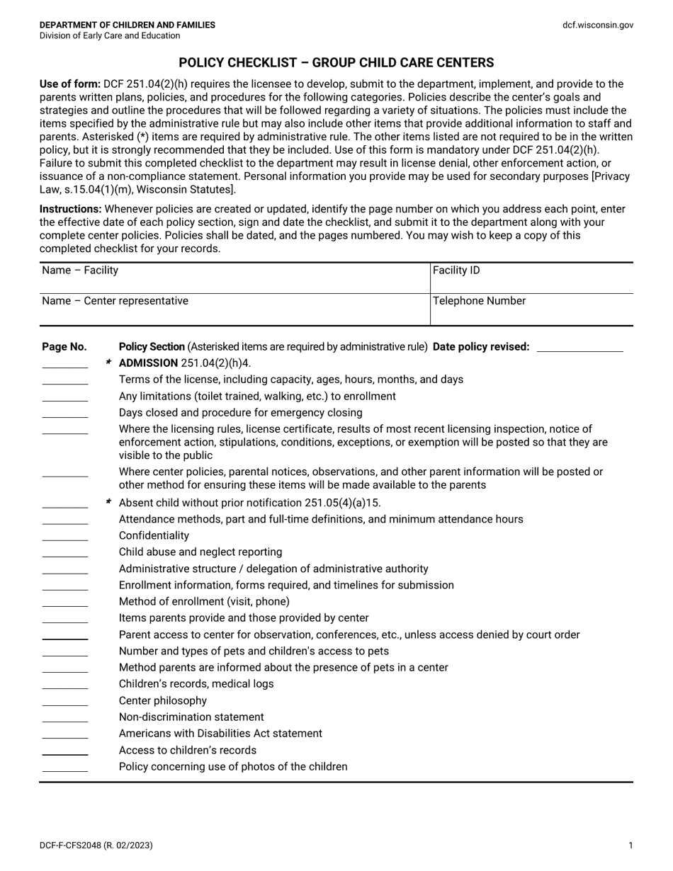 Form DCF-F-CFS2048 Policy Checklist - Group Child Care Centers - Wisconsin, Page 1