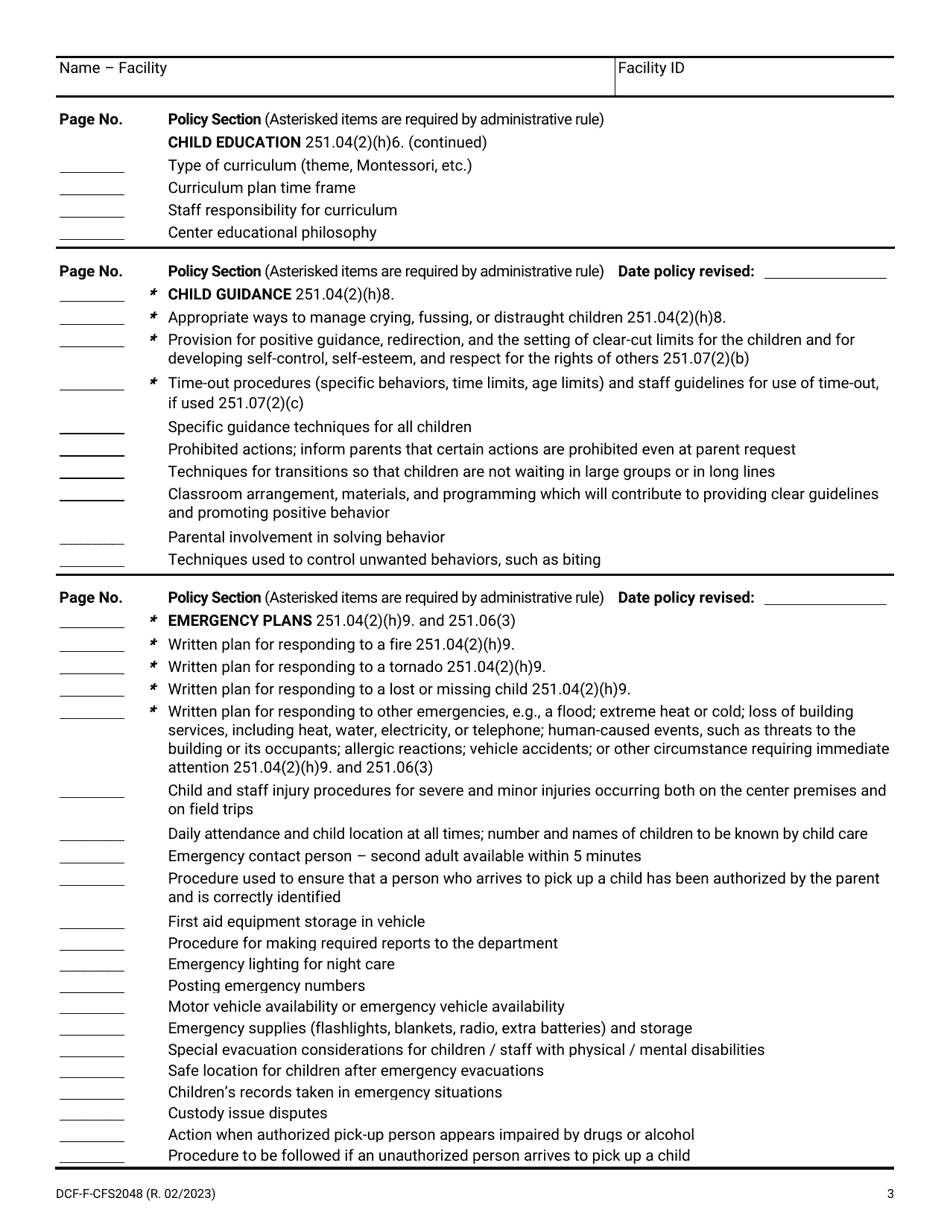 Form DCF-F-CFS2048 Policy Checklist - Group Child Care Centers - Wisconsin, Page 3