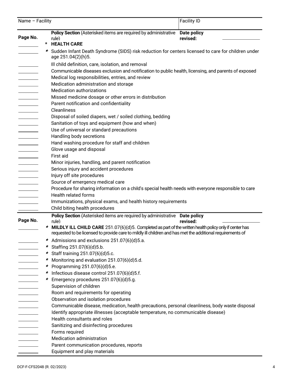 Form DCF-F-CFS2048 Policy Checklist - Group Child Care Centers - Wisconsin, Page 4