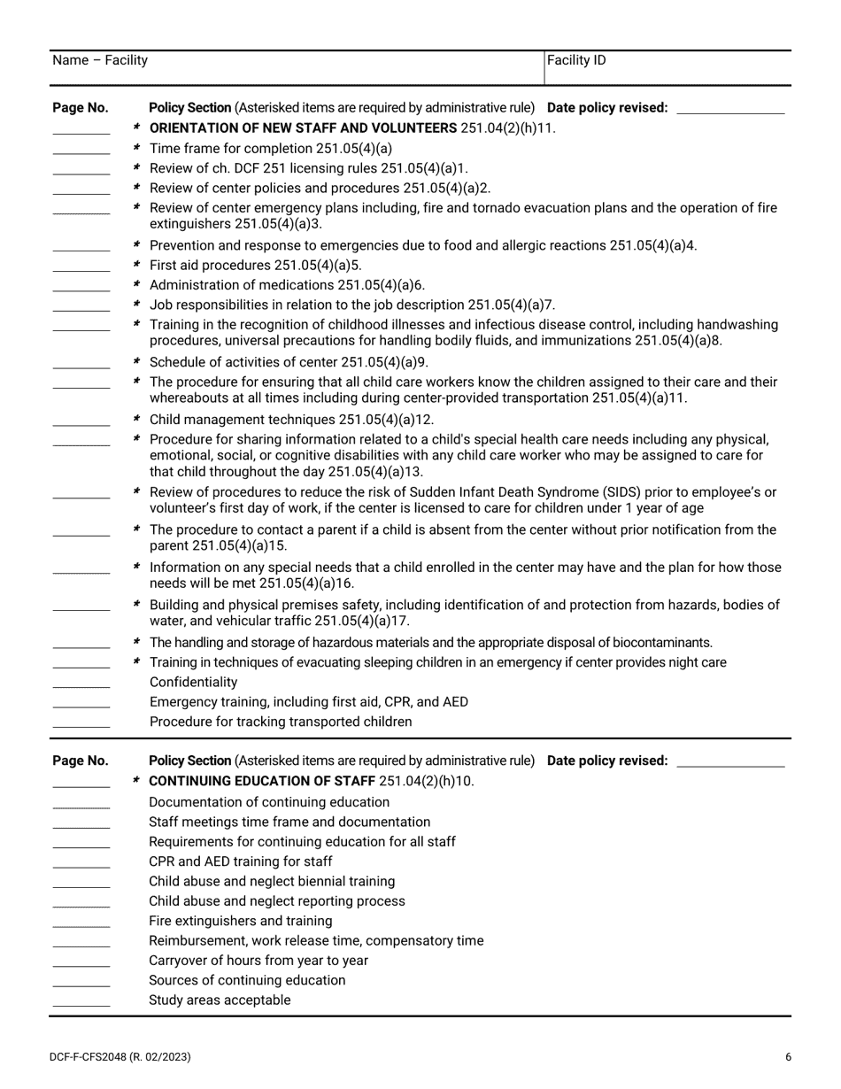 Form DCF-F-CFS2048 Policy Checklist - Group Child Care Centers - Wisconsin, Page 6