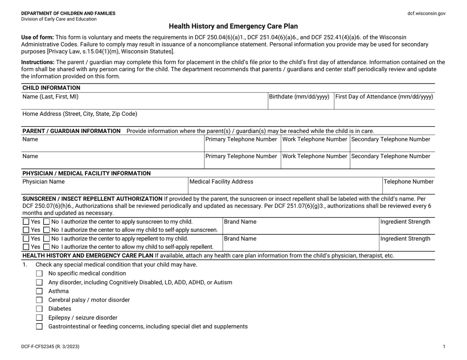 Form DCF-F-CFS2345 Health History and Emergency Care Plan - Wisconsin, Page 1