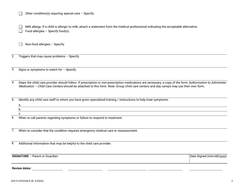 Form DCF-F-CFS2345 Health History and Emergency Care Plan - Wisconsin, Page 2