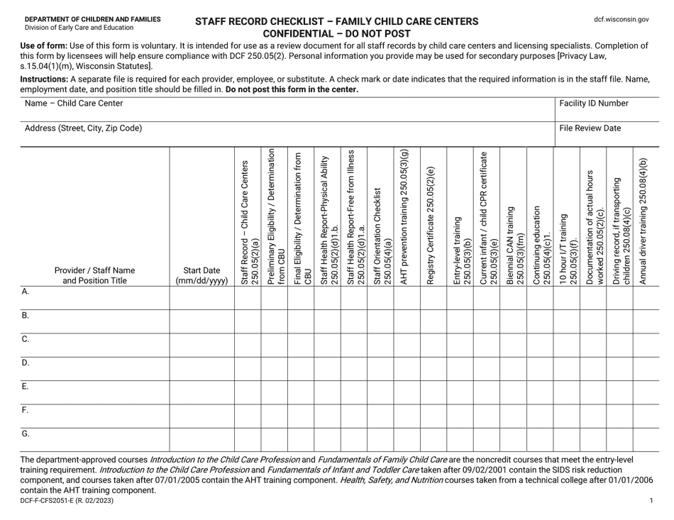 Form DCF-F-CFS2051-E Staff Record Checklist - Family Child Care Centers - Wisconsin, Page 1