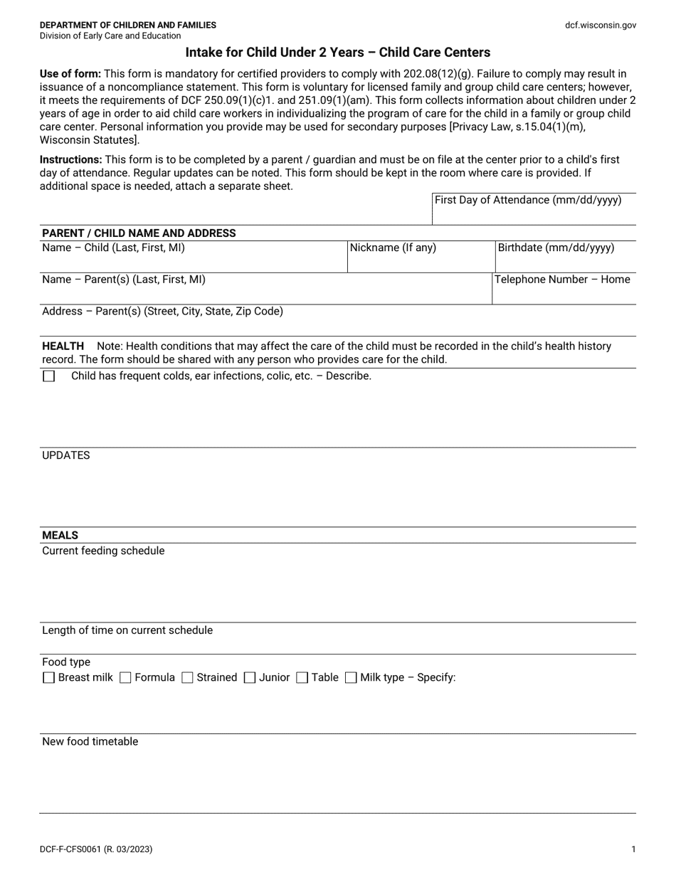 Form DCF-F-CFS0061 Intake for Child Under 2 Years - Child Care Centers - Wisconsin, Page 1