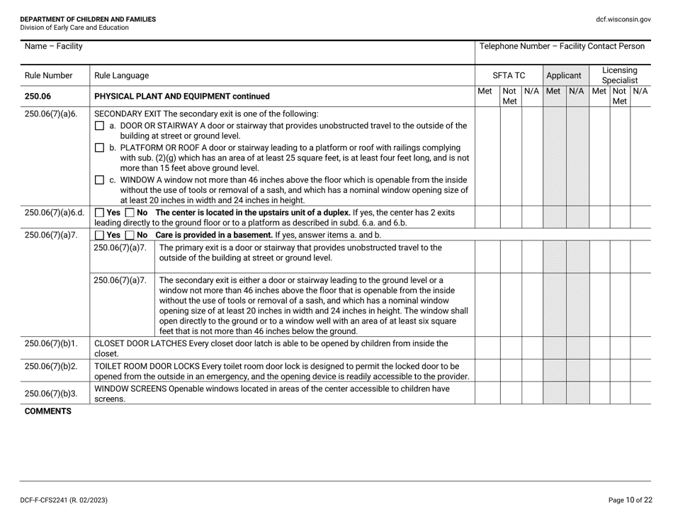 Form DCF-F-CFS2241 Initial Licensing Checklist - Family Child Care Centers - Wisconsin, Page 10