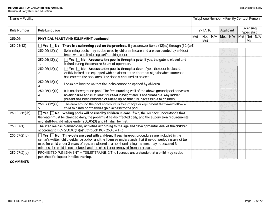 Form DCF-F-CFS2241 Initial Licensing Checklist - Family Child Care Centers - Wisconsin, Page 12