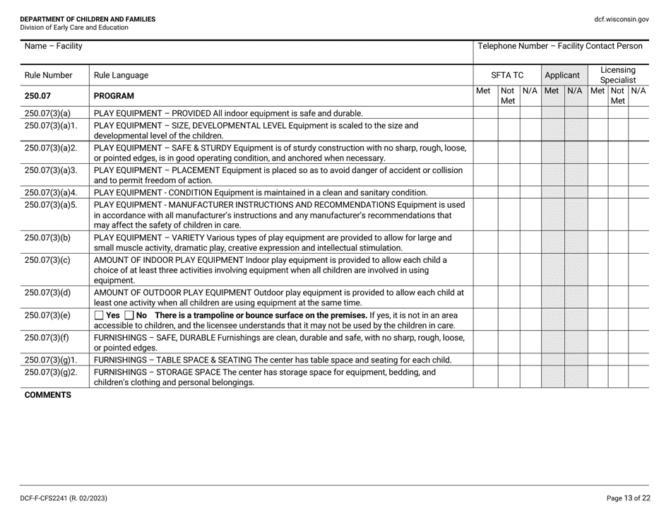 Form DCF-F-CFS2241 Initial Licensing Checklist - Family Child Care Centers - Wisconsin, Page 13