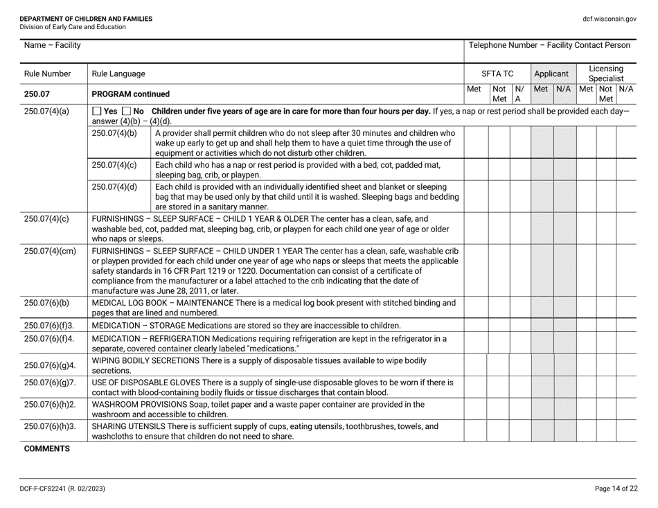 Form DCF-F-CFS2241 Initial Licensing Checklist - Family Child Care Centers - Wisconsin, Page 14