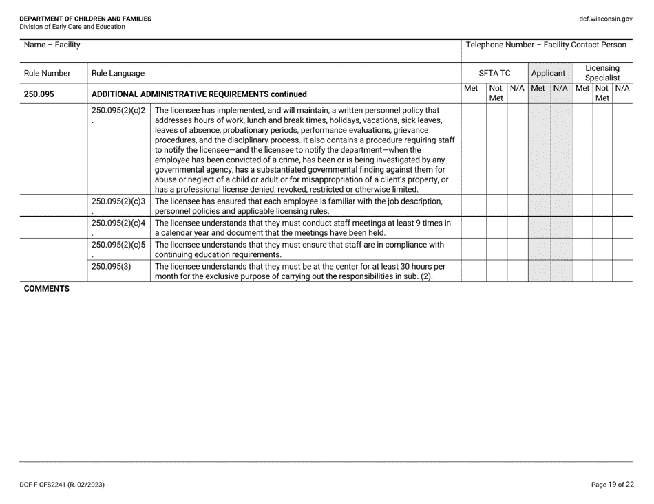 Form DCF-F-CFS2241 Initial Licensing Checklist - Family Child Care Centers - Wisconsin, Page 19