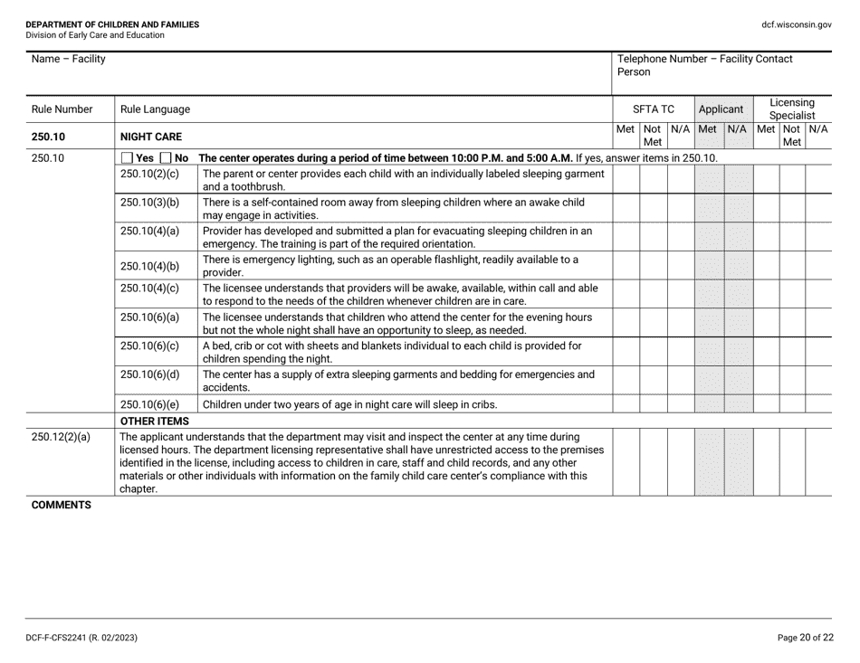 Form DCF-F-CFS2241 Initial Licensing Checklist - Family Child Care Centers - Wisconsin, Page 20