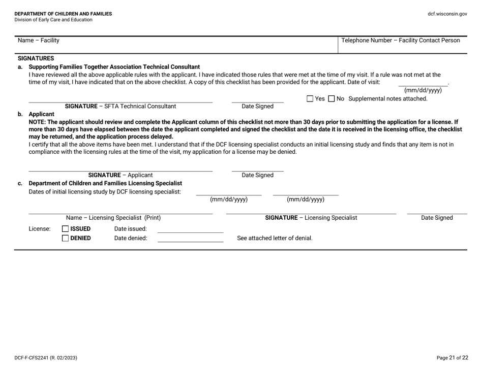 Form DCF-F-CFS2241 Initial Licensing Checklist - Family Child Care Centers - Wisconsin, Page 21