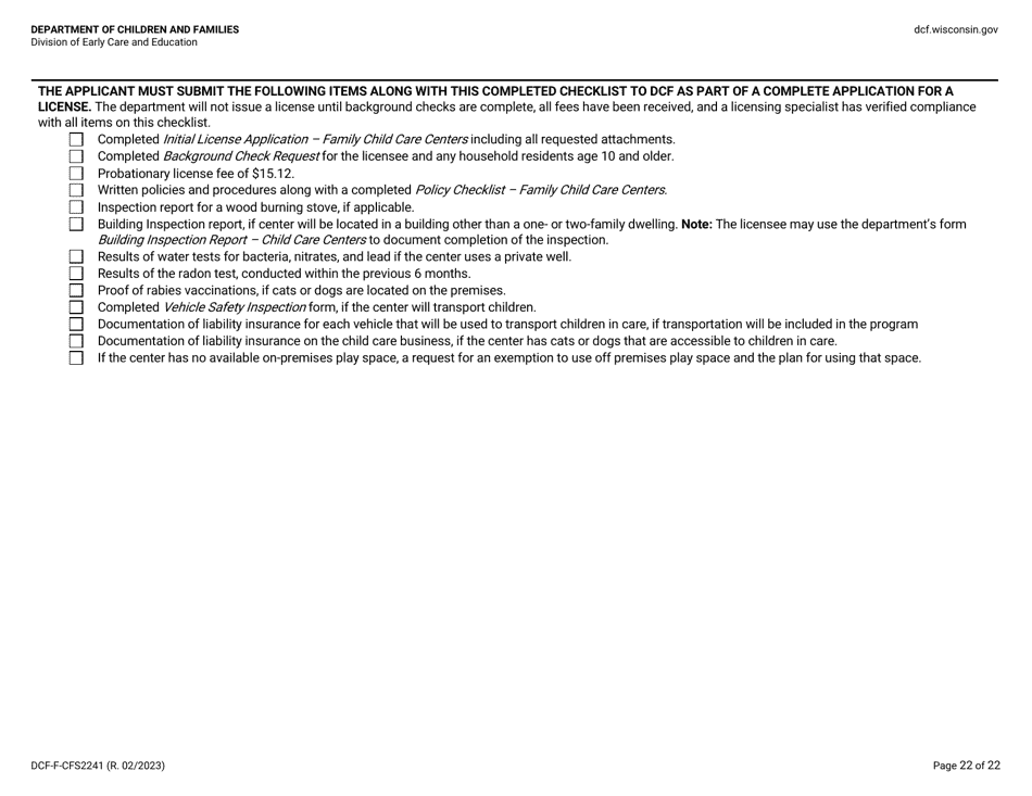 Form DCF-F-CFS2241 Initial Licensing Checklist - Family Child Care Centers - Wisconsin, Page 22