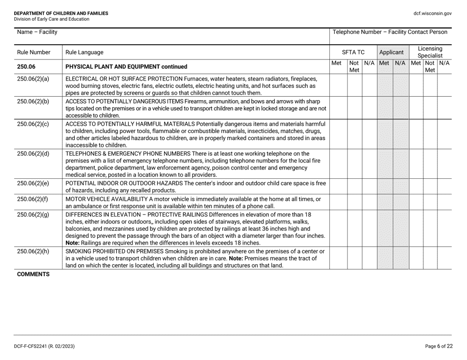 Form DCF-F-CFS2241 Initial Licensing Checklist - Family Child Care Centers - Wisconsin, Page 6