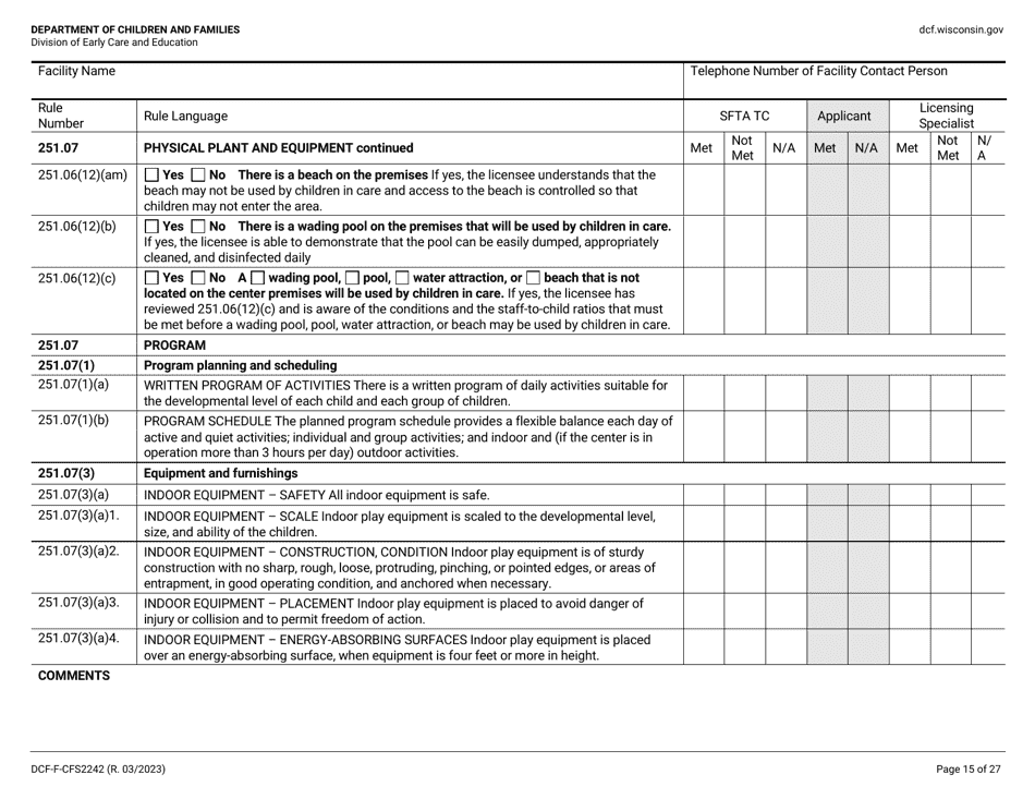 Form DCF-F-CFS2242 Initial Licensing Checklist - Group Child Care Centers - Wisconsin, Page 15