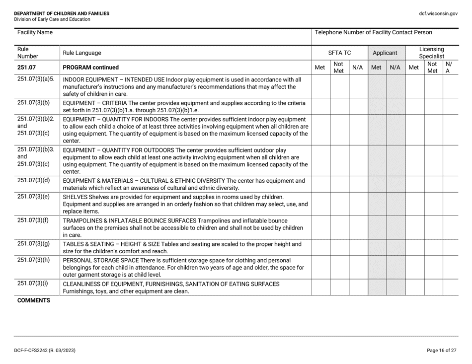Form DCF-F-CFS2242 Initial Licensing Checklist - Group Child Care Centers - Wisconsin, Page 16