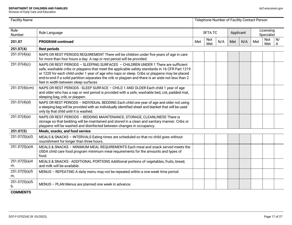 Form DCF-F-CFS2242 Initial Licensing Checklist - Group Child Care Centers - Wisconsin, Page 17