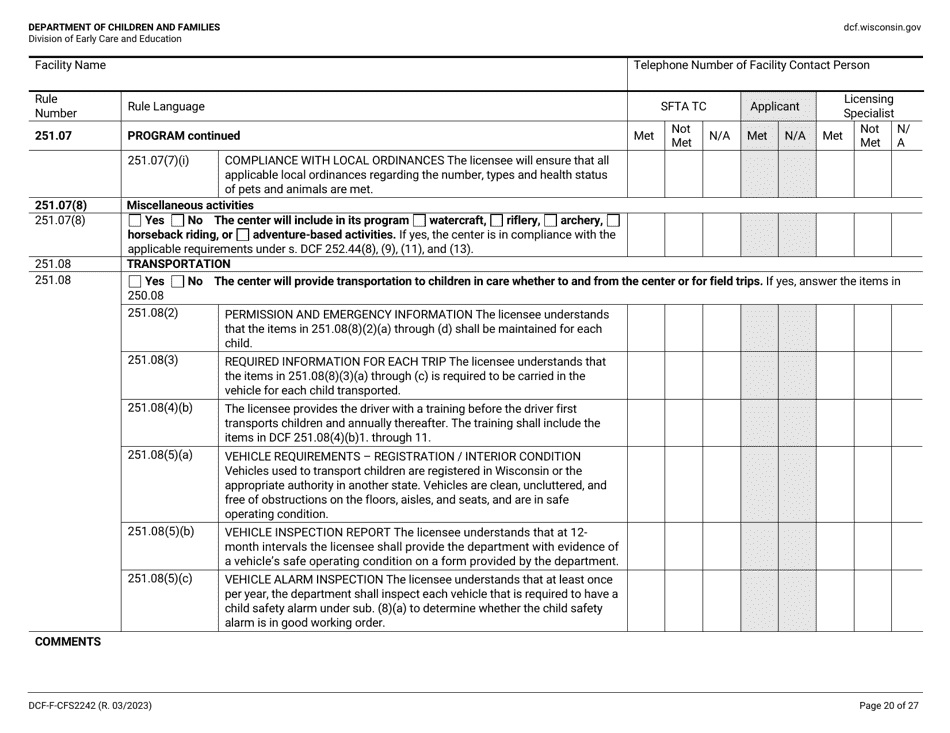 Form DCF-F-CFS2242 Initial Licensing Checklist - Group Child Care Centers - Wisconsin, Page 20