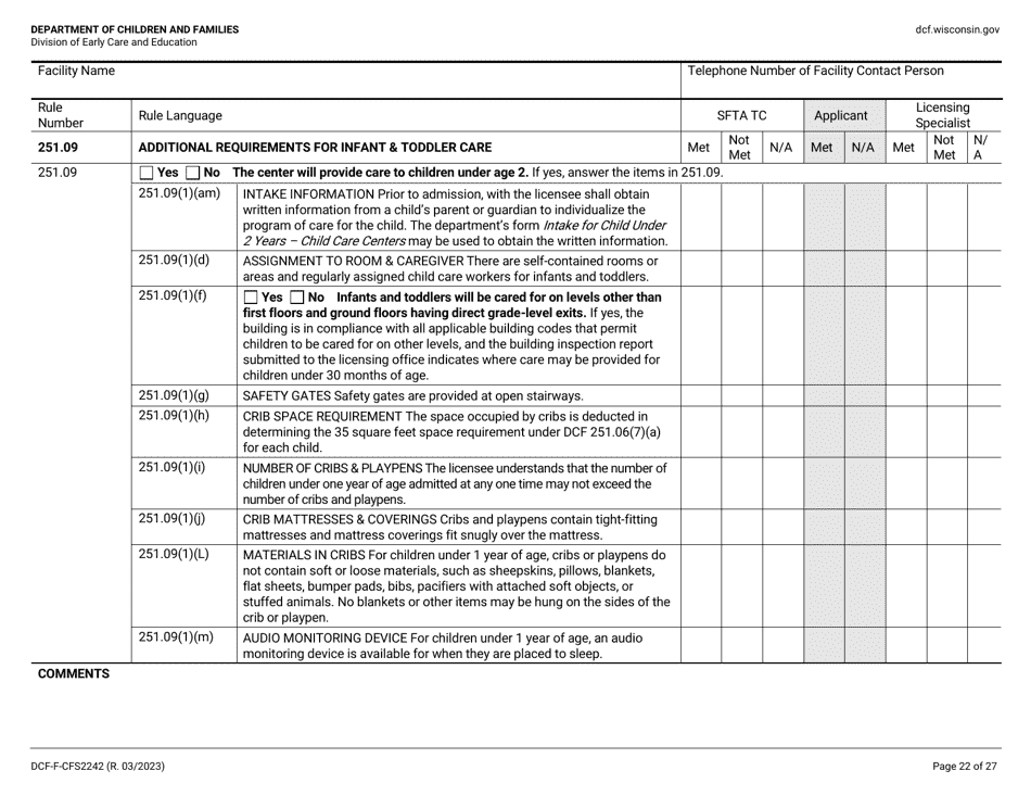 Form DCF-F-CFS2242 Initial Licensing Checklist - Group Child Care Centers - Wisconsin, Page 22