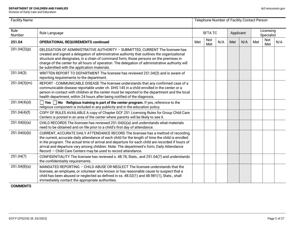 Form DCF-F-CFS2242 Initial Licensing Checklist - Group Child Care Centers - Wisconsin, Page 2