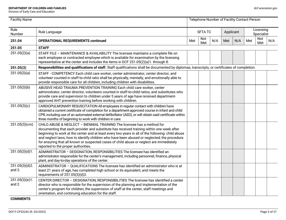 Form DCF-F-CFS2242 Initial Licensing Checklist - Group Child Care Centers - Wisconsin, Page 3