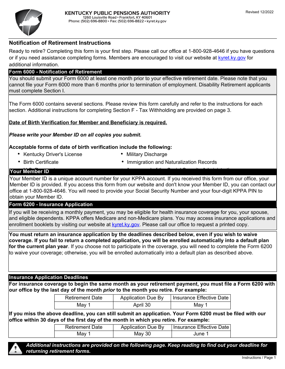 Form 6000 Notification of Retirement - Kentucky, Page 1