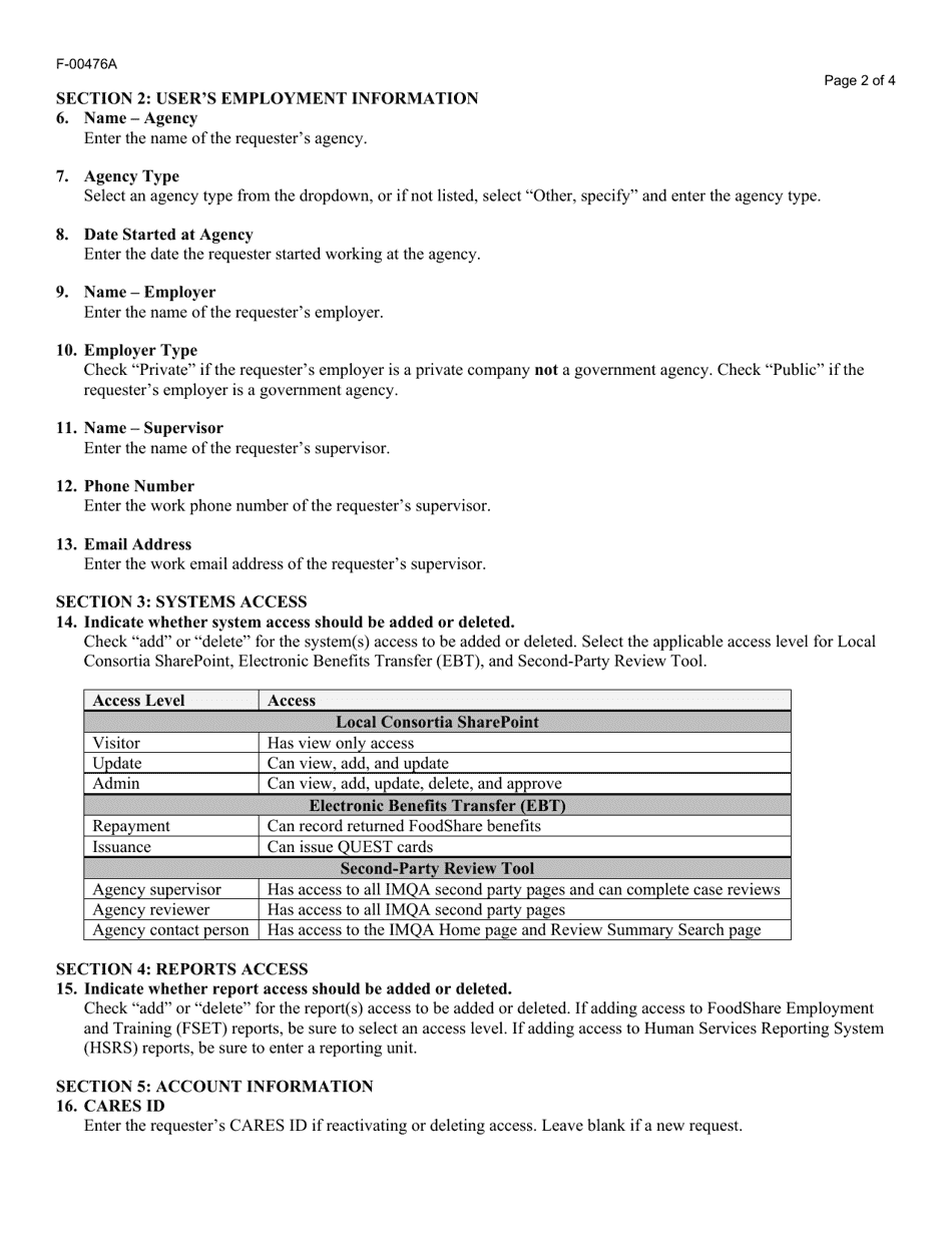 Instructions for Form F-00476 Cares Automated Systems Access Request - Wisconsin, Page 2