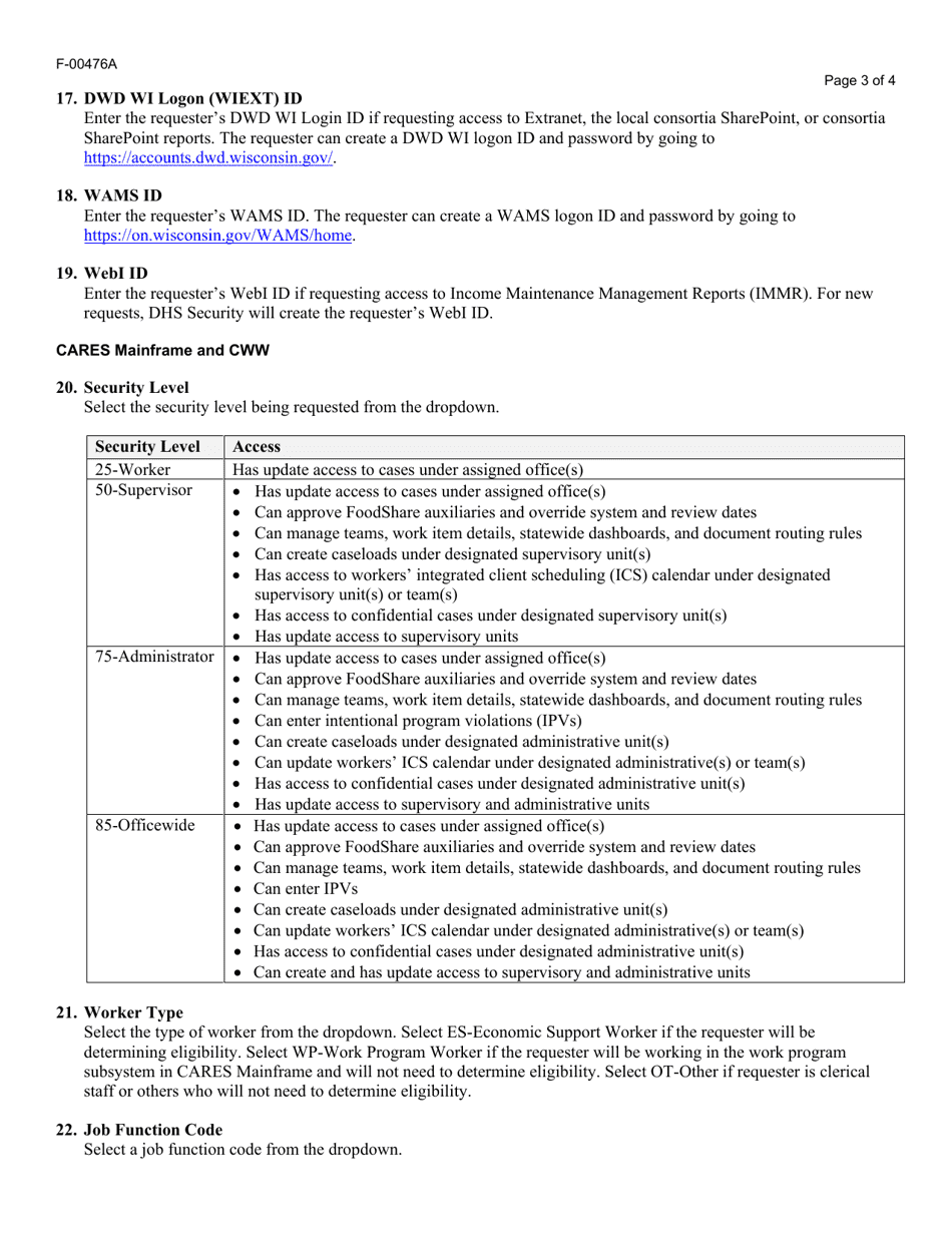 Instructions for Form F-00476 Cares Automated Systems Access Request - Wisconsin, Page 3