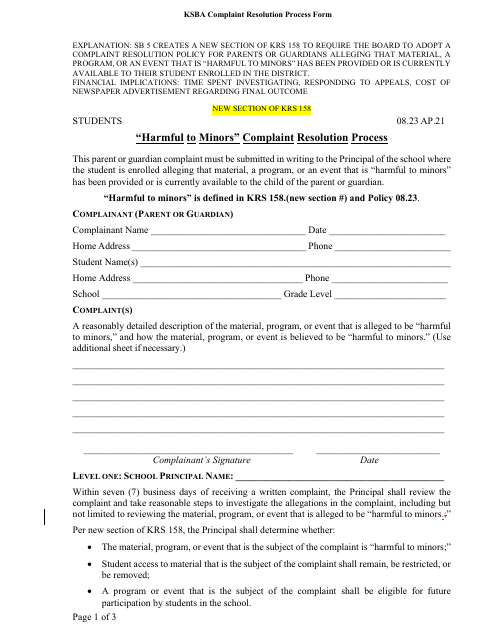 Ksba Complaint Resolution Process Form - Kentucky
