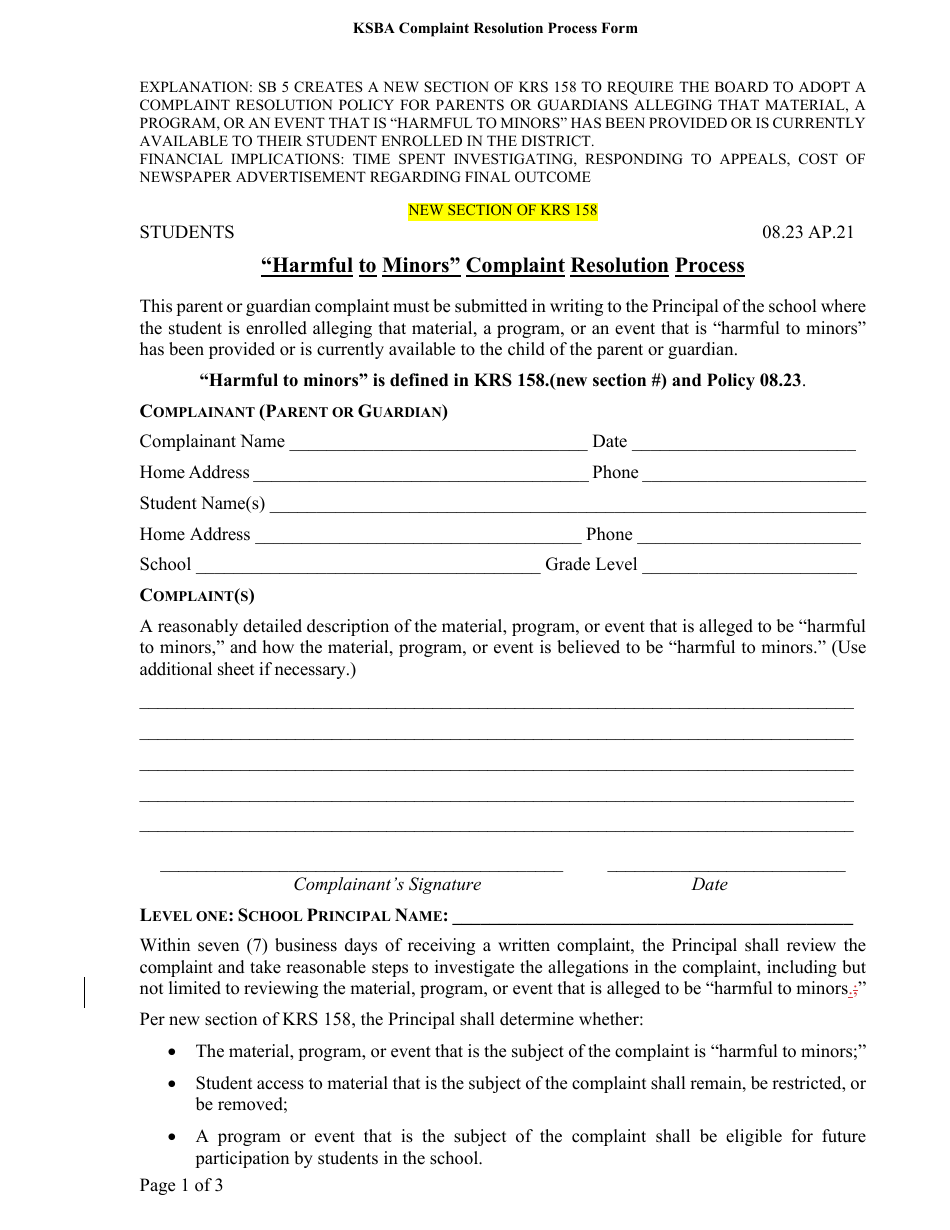 Ksba Complaint Resolution Process Form - Kentucky, Page 1