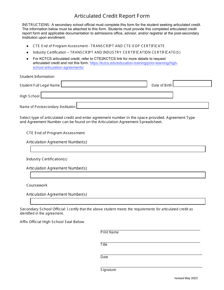 Kentucky Articulated Credit Report Form Download Fillable PDF