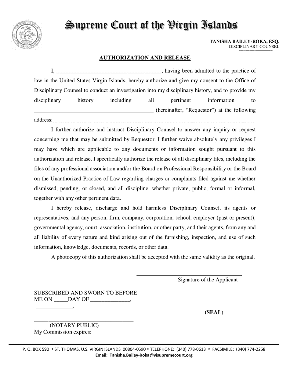 Authorization and Release - Virgin Islands, Page 1