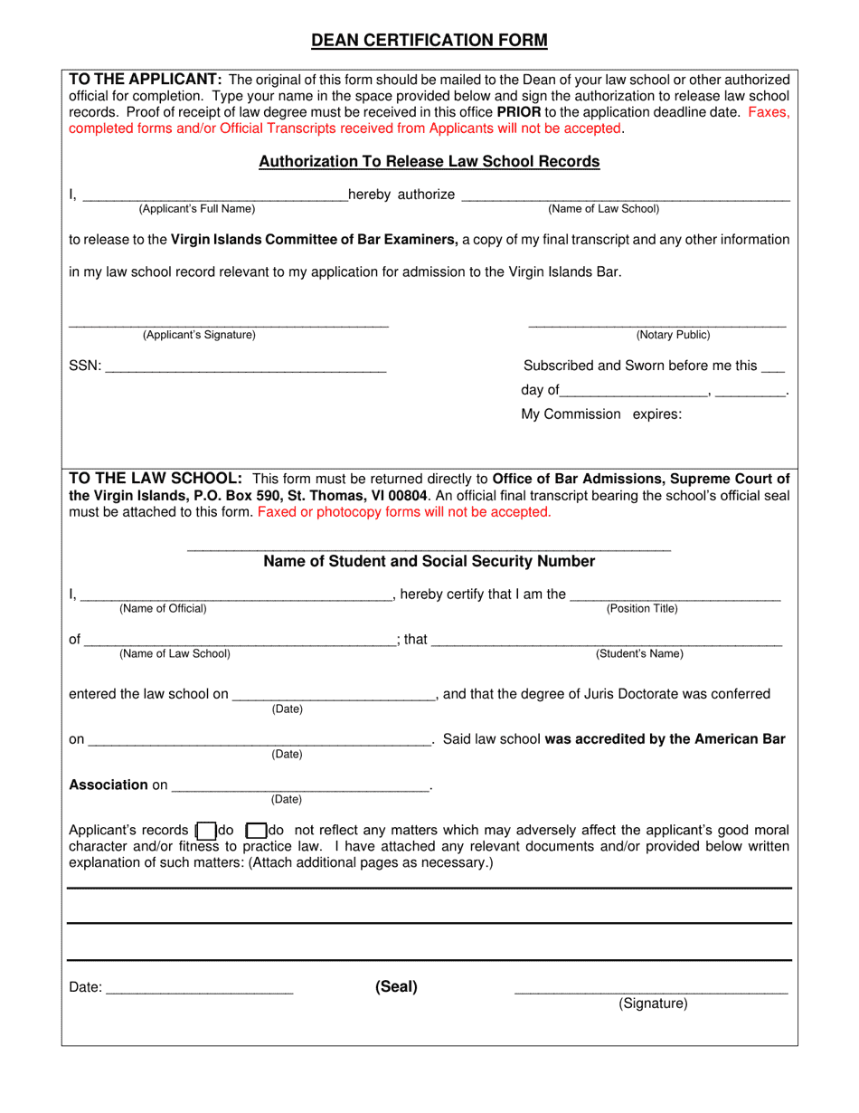 Dean Certification Form - Virgin Islands, Page 1