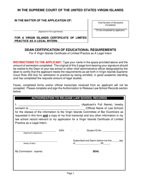 Dean Certification of Educational Requirements for a Virgin Islands Certificate of Limited Practice as a Legal Intern - Virgin Islands Download Pdf