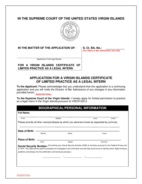 Application for a Virgin Islands Certificate of Limited Practice as a Legal Intern - Virgin Islands