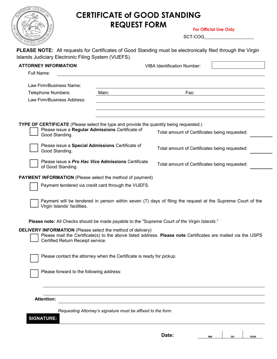 Certificate of Good Standing Request Form - Virgin Islands, Page 1