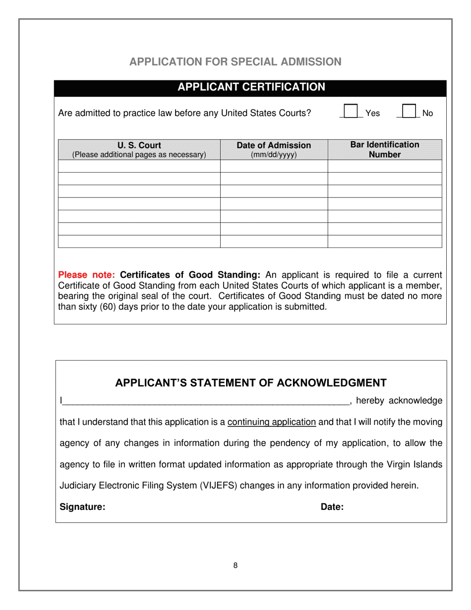 Application for Special Admission to the Virgin Islands Bar - Virgin Islands, Page 8