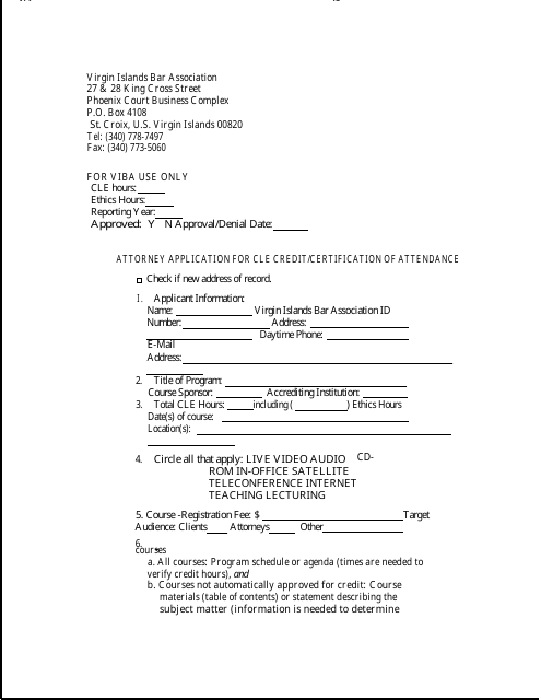 Attorney Application for Cle Credit / Certification of Attendance - Virgin Islands Download Pdf