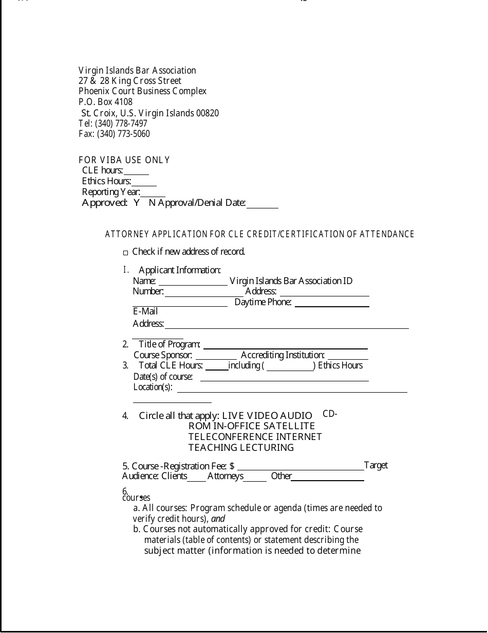 Attorney Application for Cle Credit / Certification of Attendance - Virgin Islands, Page 1