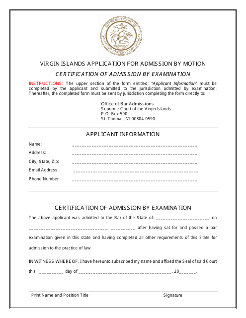 Certification of Admission by Examination - Virgin Islands Download Pdf