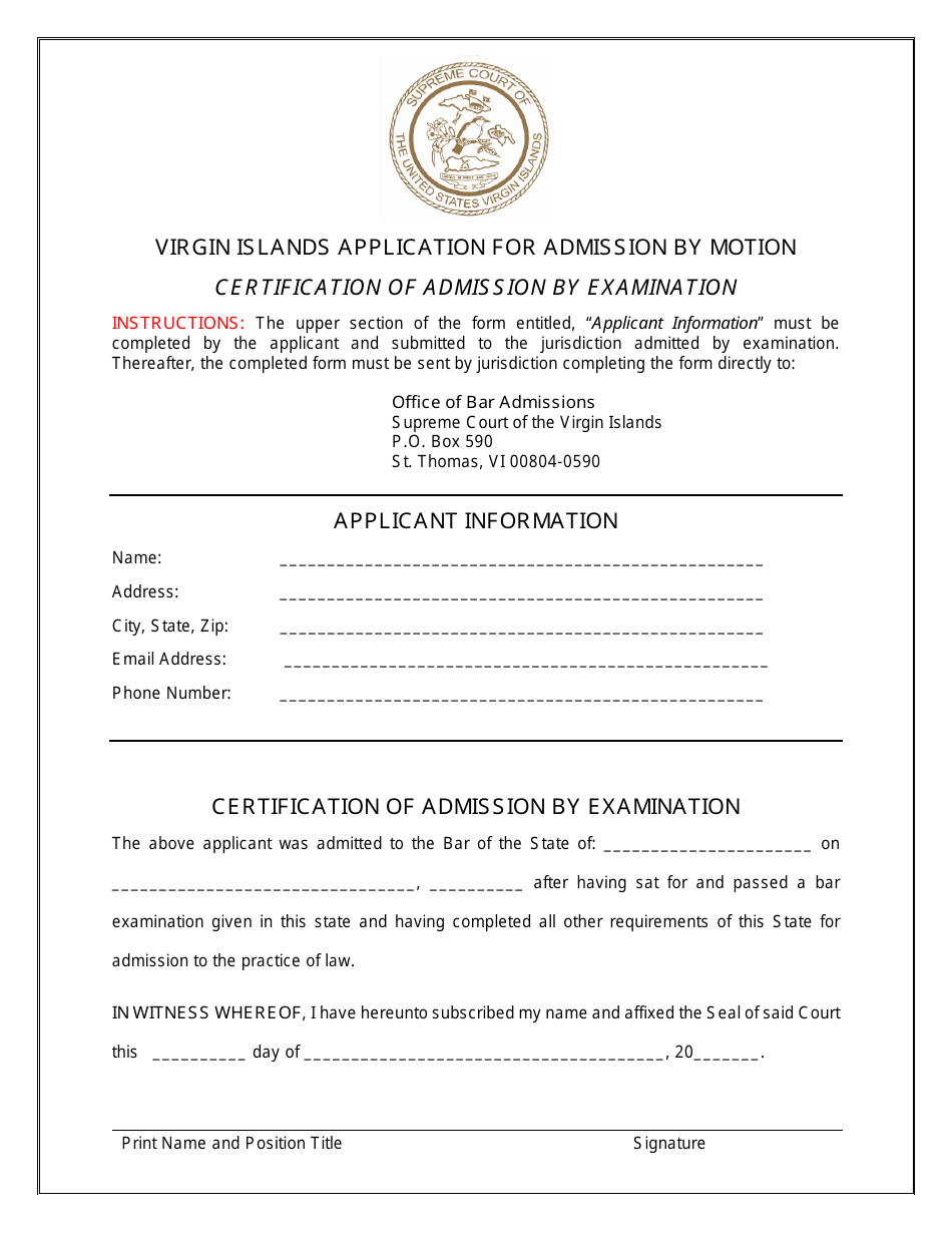 Certification of Admission by Examination - Virgin Islands, Page 1