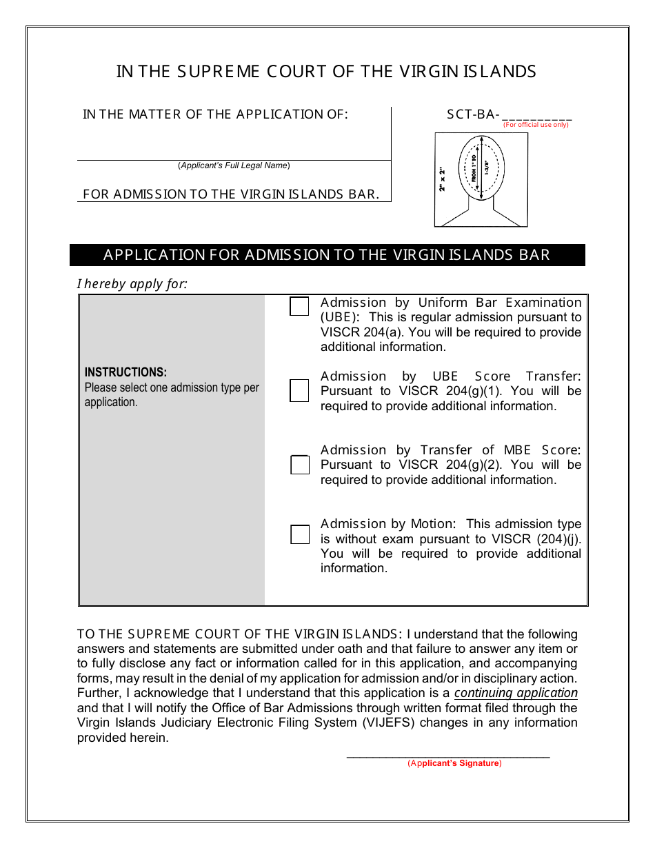 Virgin Islands Application for Admission to the Virgin Islands Bar