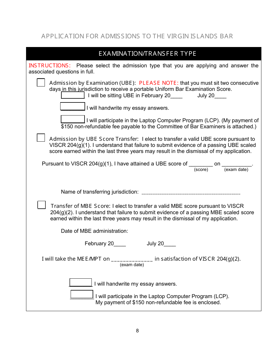 Application for Admission to the Virgin Islands Bar - Virgin Islands, Page 8