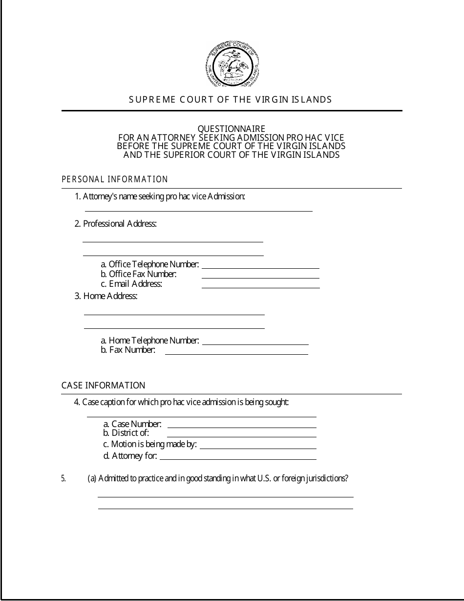 Questionnaire for an Attorney Seeking Admission Pro Hac Vice Before the Supreme Court of the Virgin Islands and the Superior Court of the Virgin Islands - Virgin Islands, Page 1