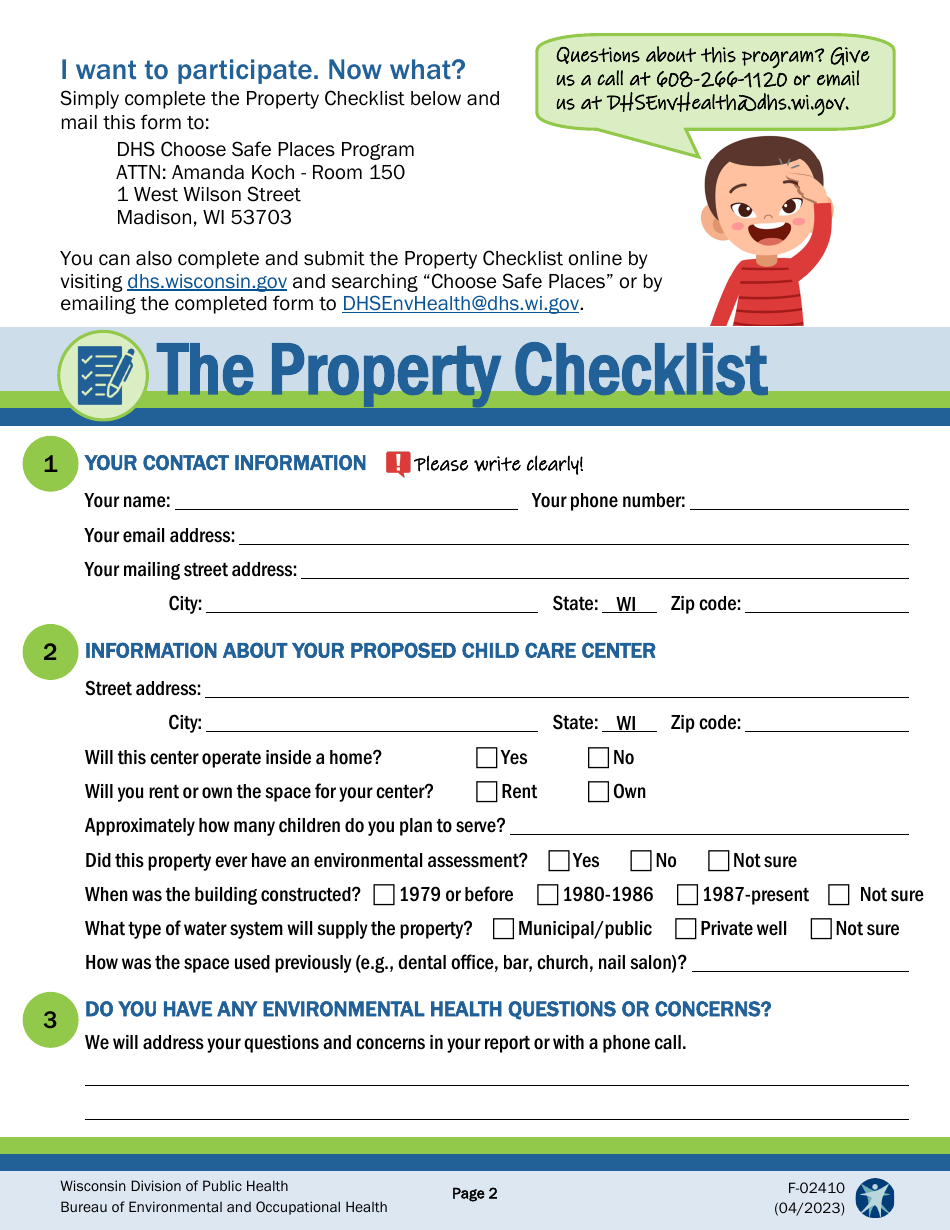 Form F-02410 Voluntary Property Checklist for Child Care Providers - Wisconsin, Page 2