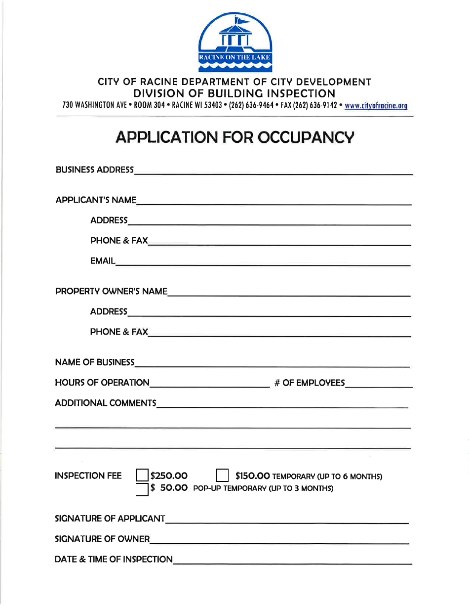 Application for Occupancy - City of Racine, Wisconsin, Page 1