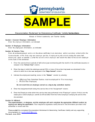Sample Documentation Worksheet for Determining Certificate Validity - Pennsylvania
