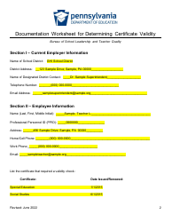 Sample Documentation Worksheet for Determining Certificate Validity - Pennsylvania, Page 2