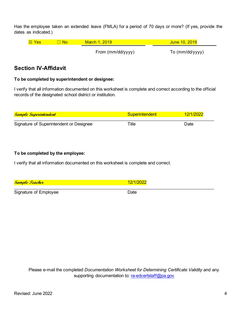 Sample Documentation Worksheet for Determining Certificate Validity - Pennsylvania, Page 4