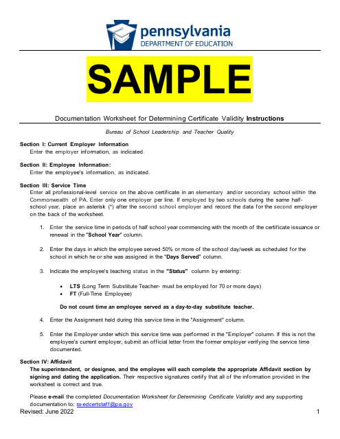 Sample Documentation Worksheet for Determining Certificate Validity - Pennsylvania