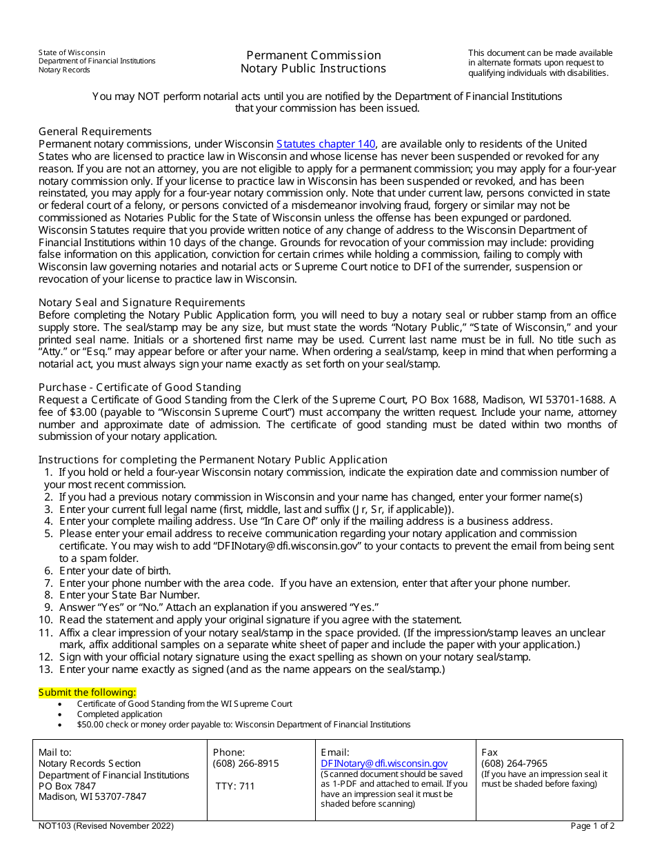 Form NOT103 Permanent Commission Notary Public Application - Wisconsin, Page 1